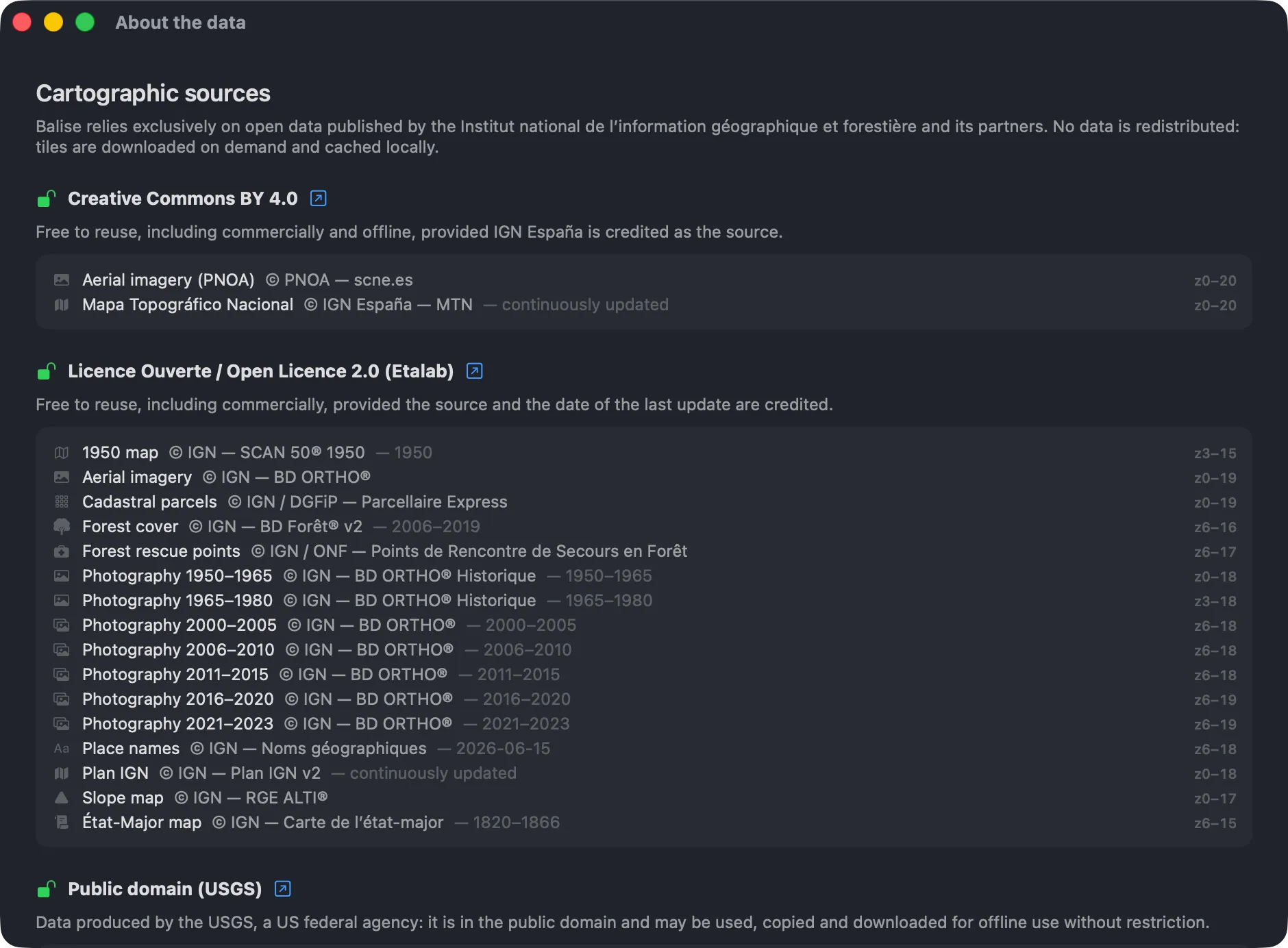 Balise's data sources window, listing each layer with its licence and its terms.