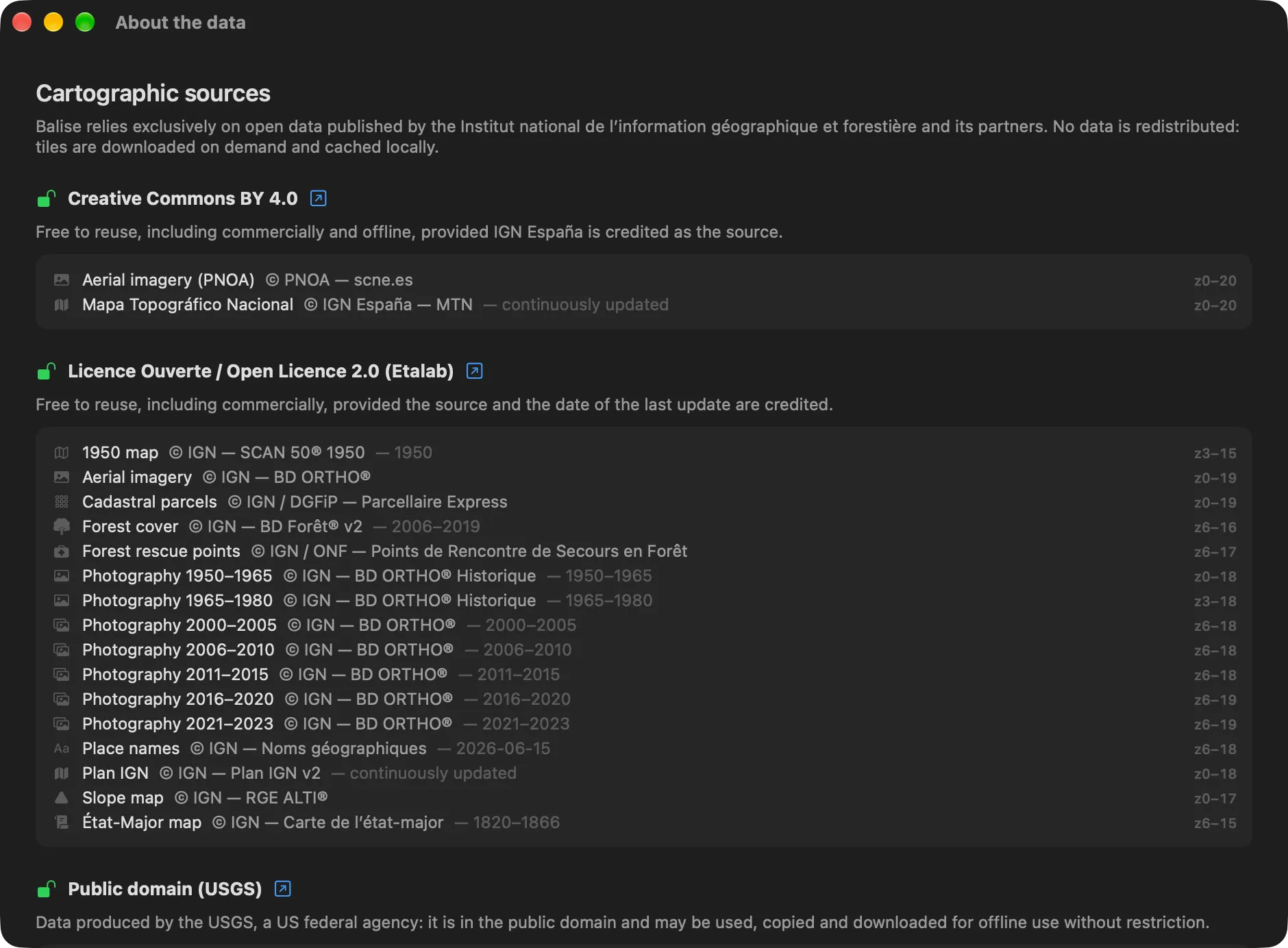 Balise's data sources window, listing each layer with its licence and its terms.