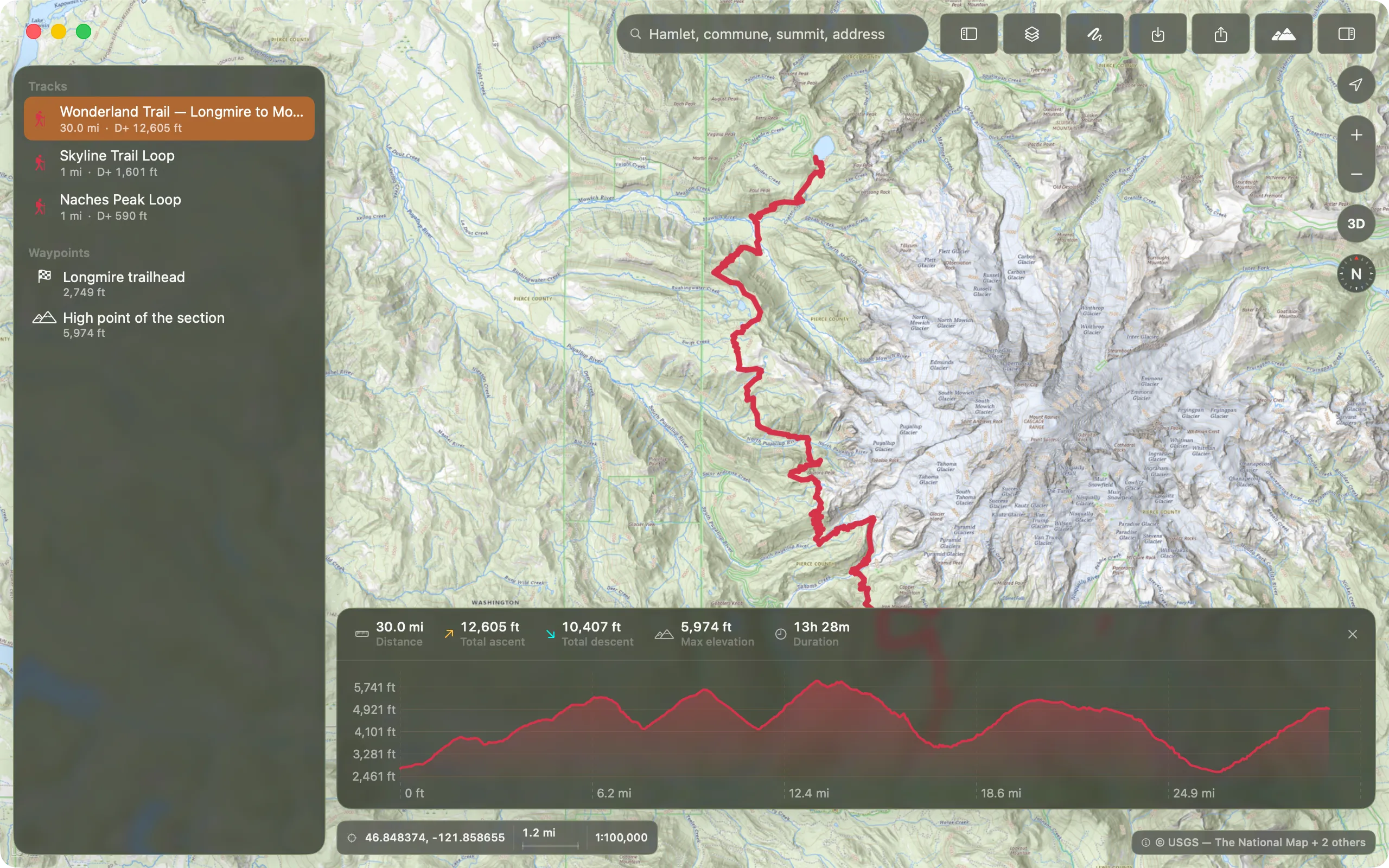 Balise's main window: an IGN map of the Mont Blanc massif, the track library on the left, the elevation profile along the bottom.