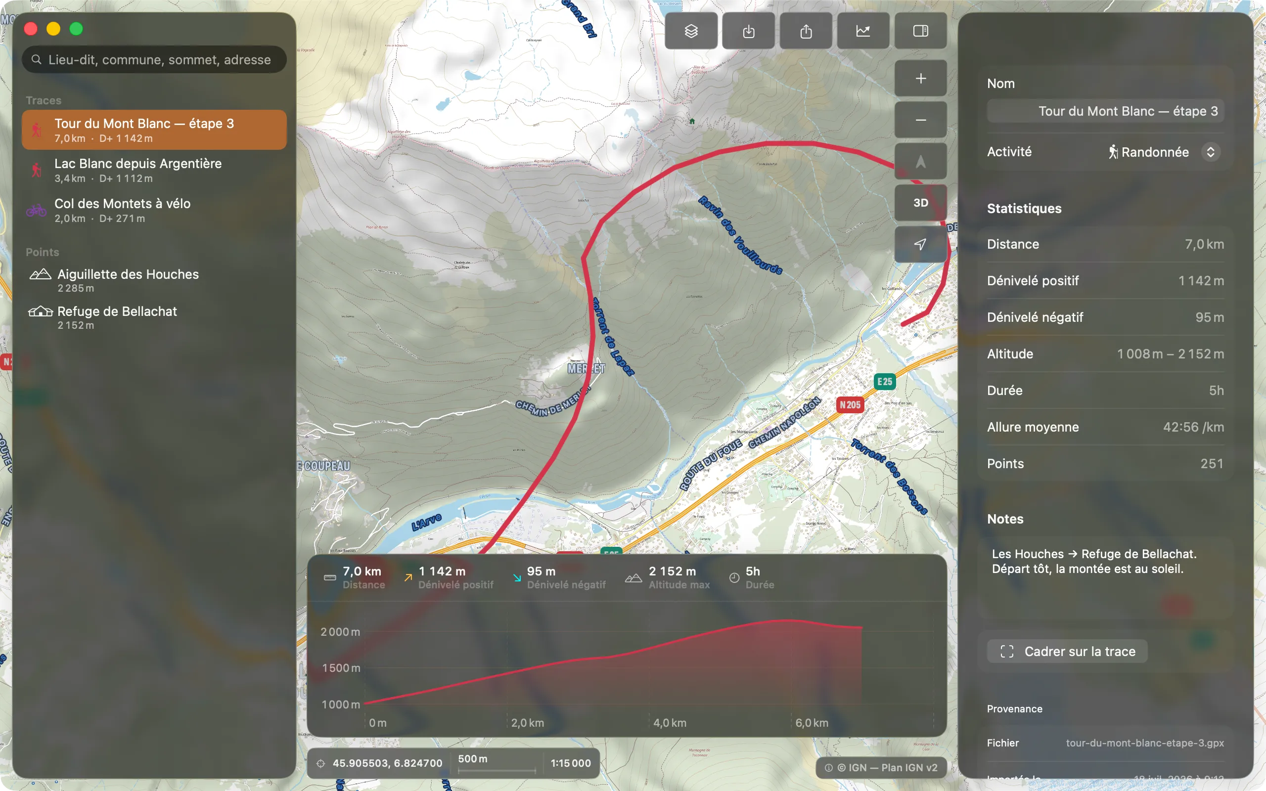 La fenêtre principale de Balise : carte IGN du massif du Mont-Blanc, bibliothèque de traces à gauche, profil altimétrique en bas.